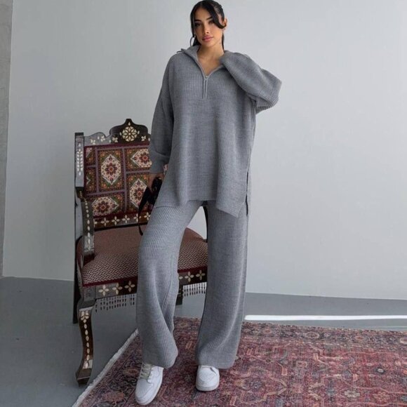 Cozy Grey Knit Sweater & Pant Set Comfy Lounge Wear Gray - Size S, M, L, XL - Picture 2 of 3